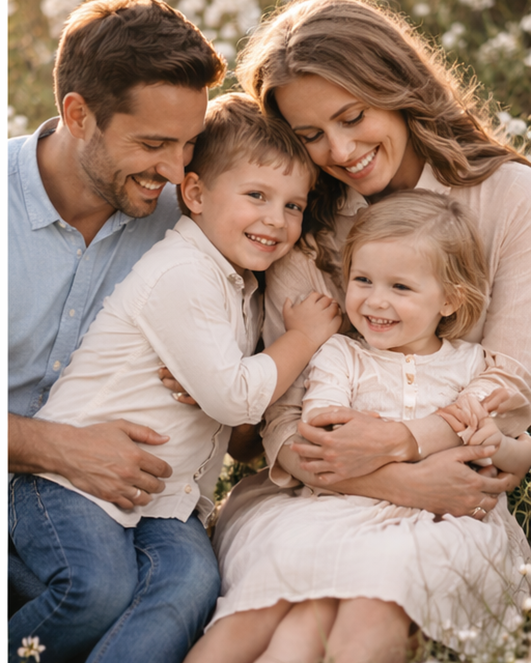 A family shares tender moments together while sitting outdoors in light neutral colored clothing.