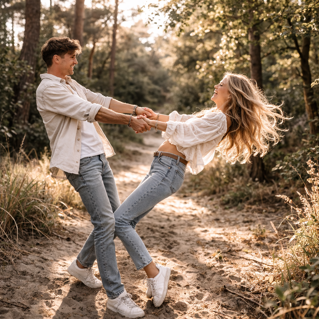 A couple in matching denim and white outfits dance playfully together on a sunlit forest path.