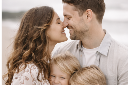 A happy family embraces in a warm moment together, captured in soft natural lighting.