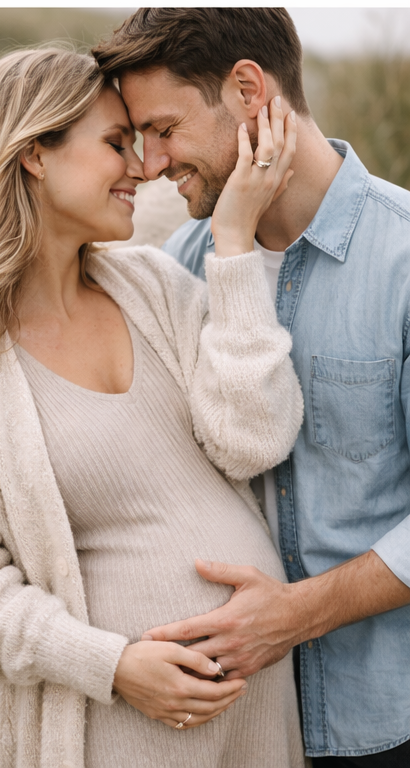 Romantic couple in cream sweater and denim embracing tenderly in a series of intimate outdoor portrait photos.