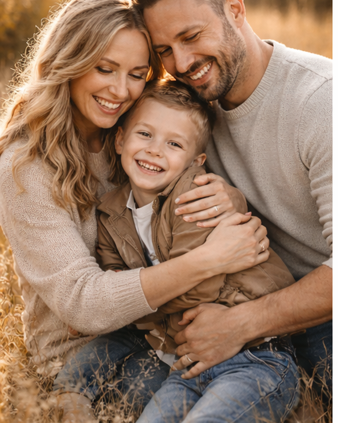 Loving family shares tender moments together in warm sunlit outdoor portraits wearing neutral colored clothing.