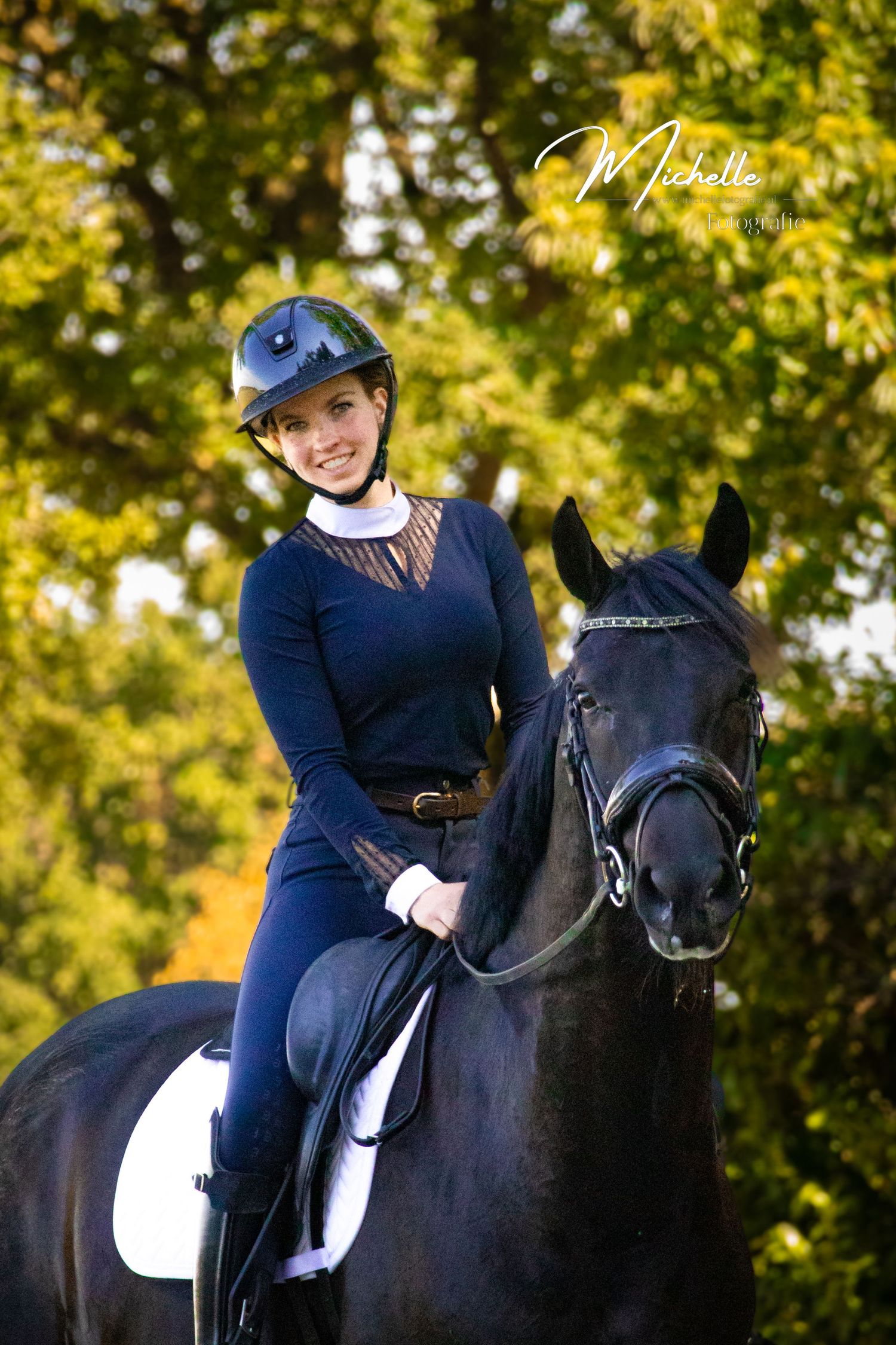 Three equestrian photos show a rider in navy attire atop a black horse against autumn foliage.
