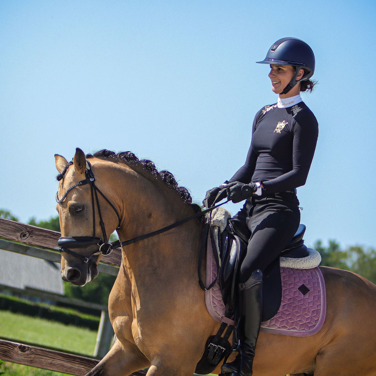 A female equestrian in black riding attire and helmet rides a golden horse on a sunny day.