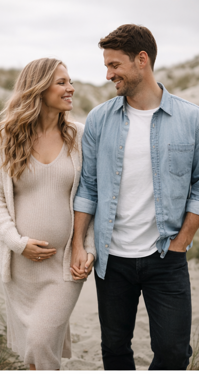 A couple in casual attire shares intimate moments on a beach, with the woman wearing a beige sweater and man in denim.
