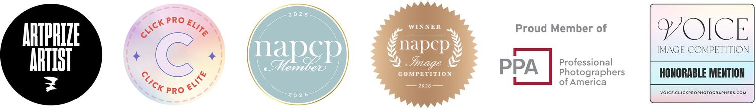 A collection of professional photography association badges including NAPCP, PPA, and Voice awards membership logos.