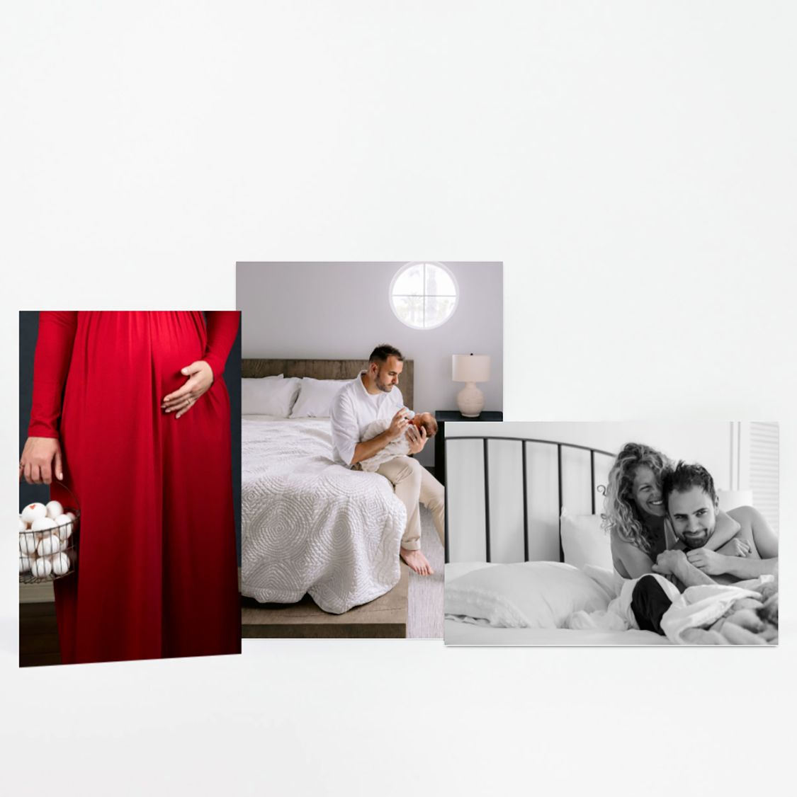 Three ethereal lifestyle photos showing a red dress detail, peaceful bedroom moment, and intimate black and white portrait.