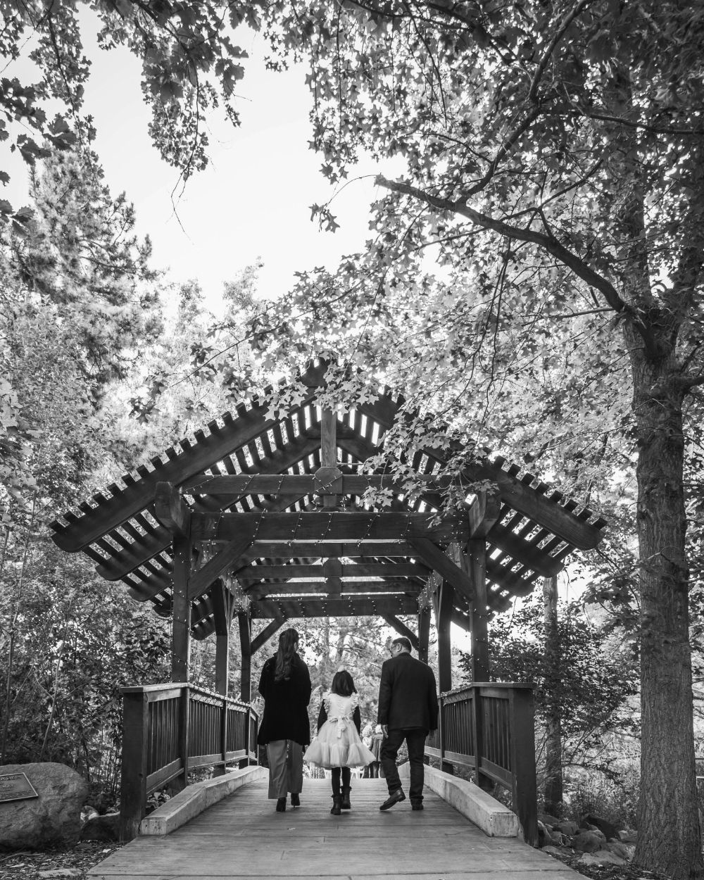 Three people walk away underneath a pergola