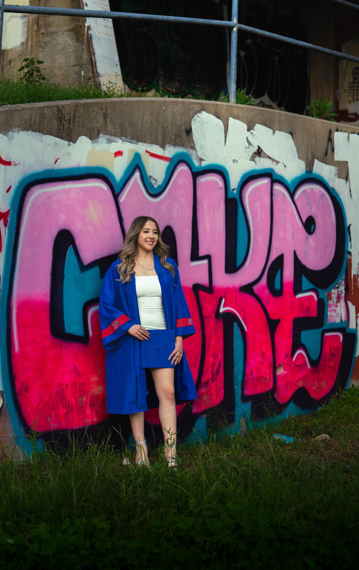 Vibrant pink and blue graffiti art decorates a concrete wall with grass growing along its base.