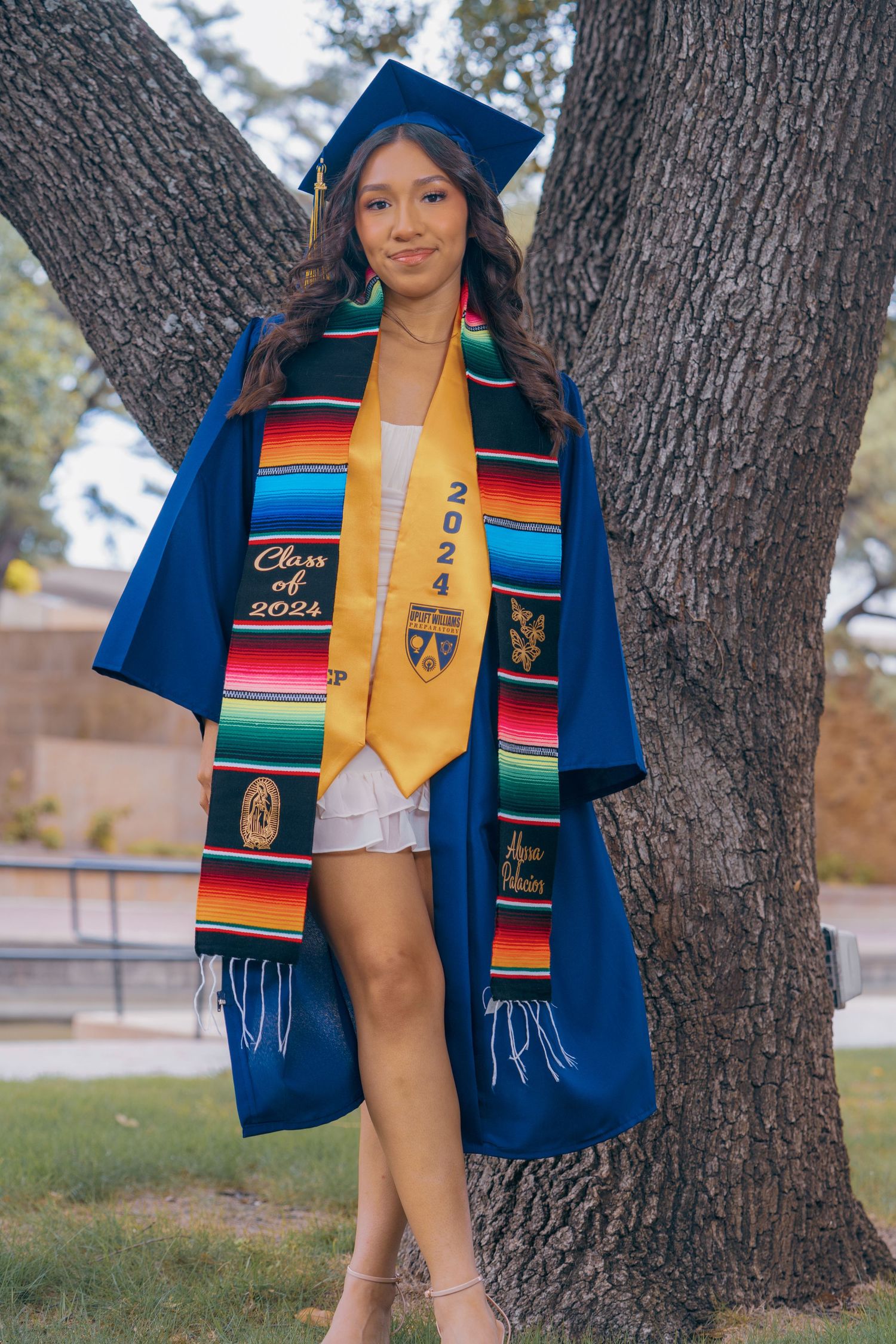 Graduate wearing blue cap and gown with colorful Mexican serape stole and gold honors sash poses by tree during commencement.