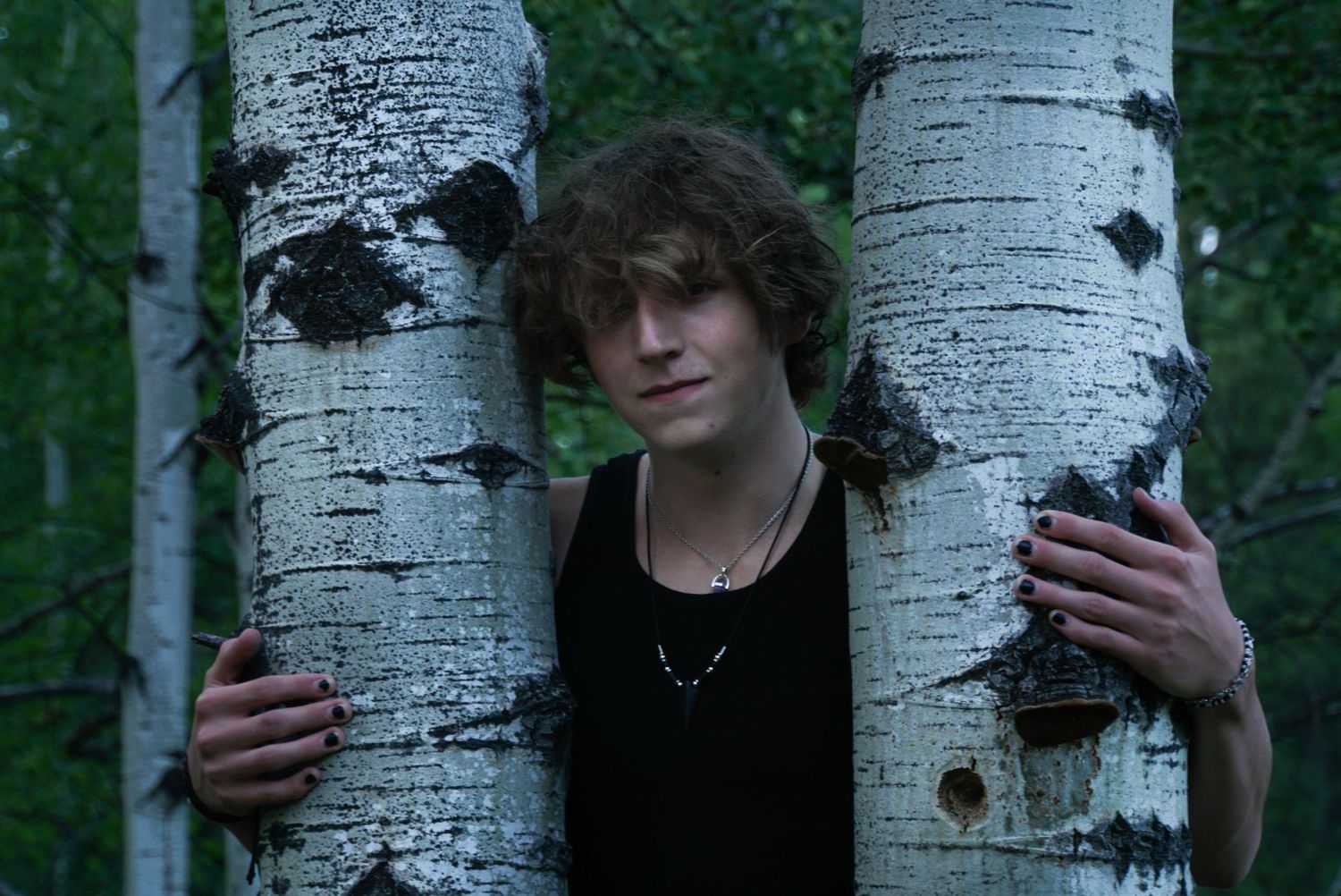 Artistic portrait series showing someone posing next to white birch tree trunks.