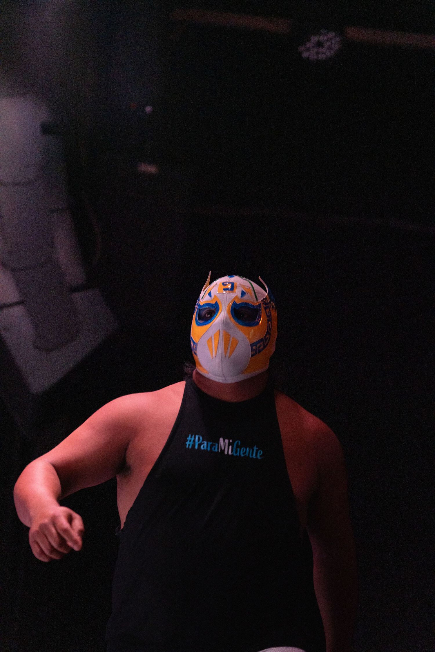 Masked wrestler in dark lighting poses during performance.