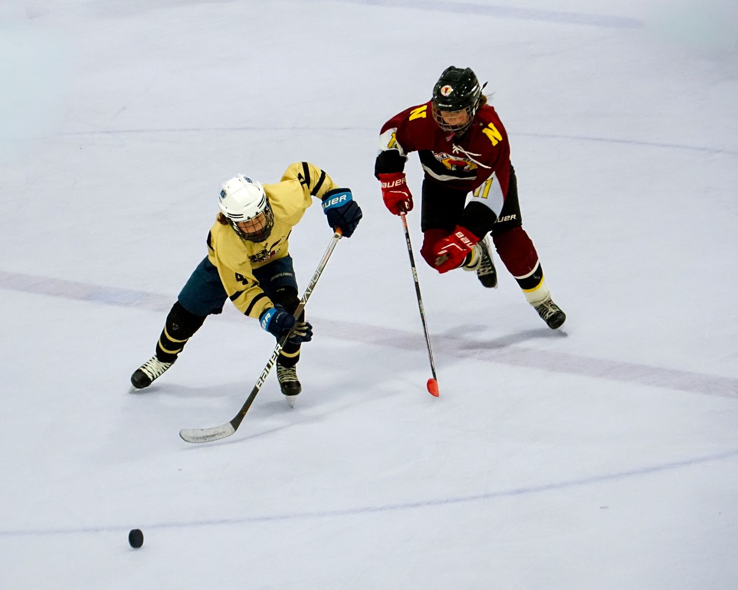 Ice hockey players in yellow and red jerseys battle for control of the puck during an intense game.