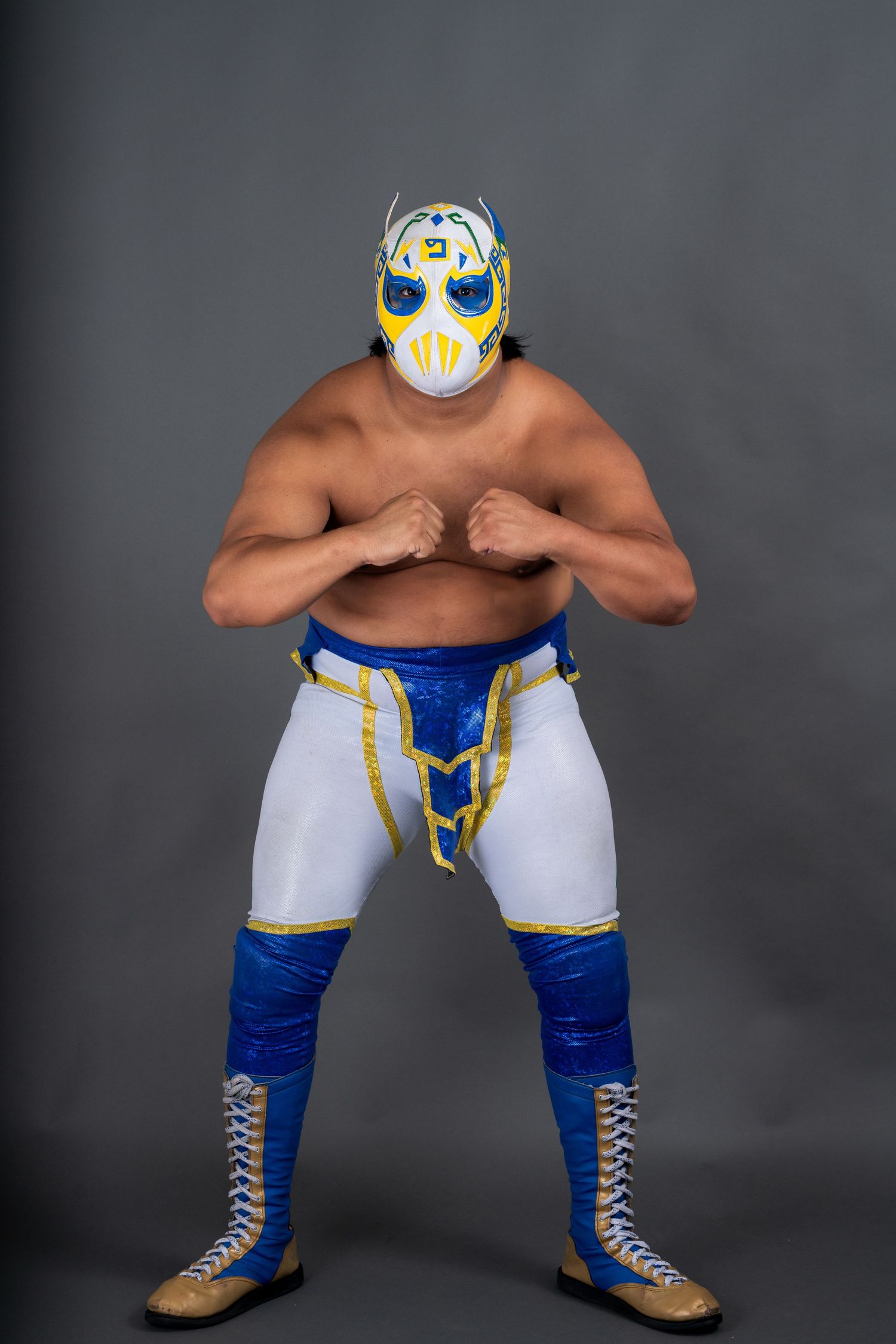 Professional wrestler in blue and white costume with gold trim and matching mask posing in studio.