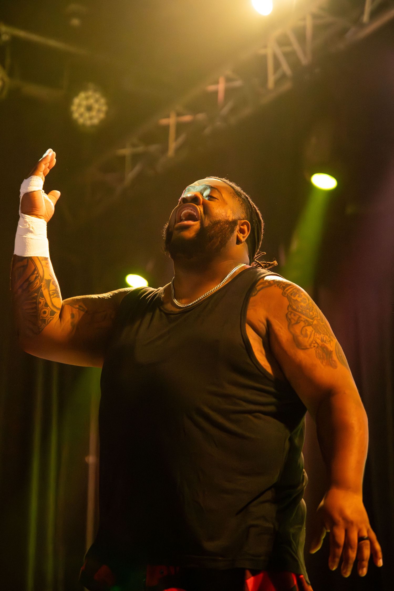A performer sings passionately on stage under warm spotlight lighting.