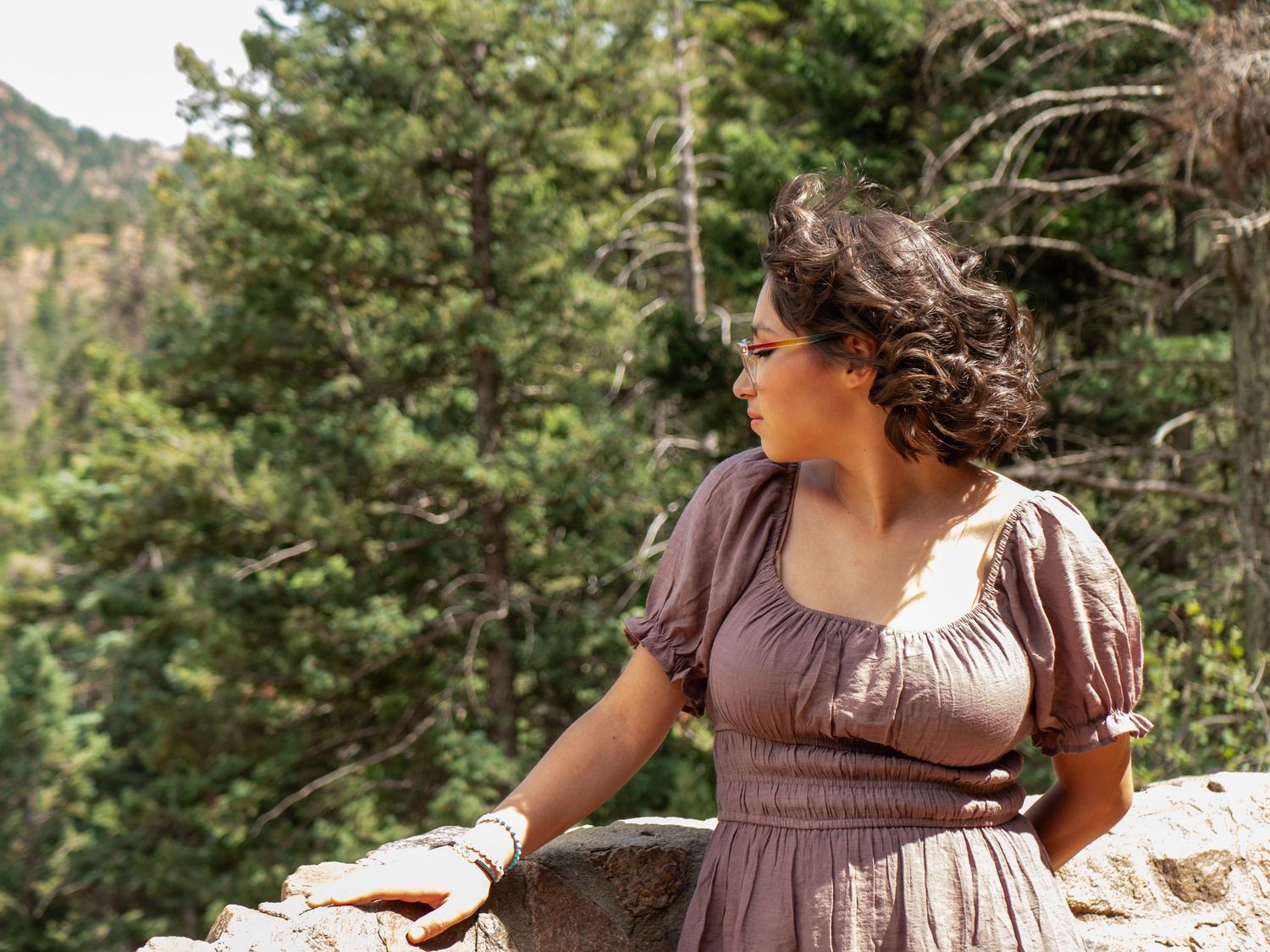 A person in a vintage-style dress stands thoughtfully against a backdrop of mountain forest scenery.