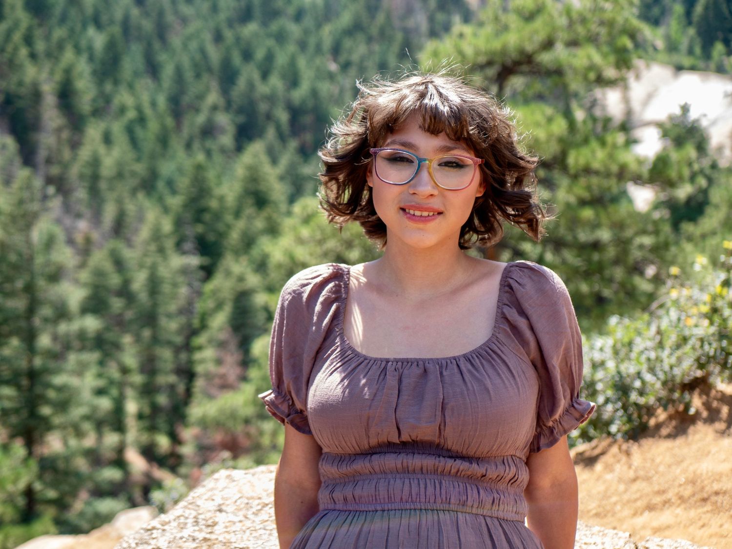 A person in a brown dress stands near a wooded mountain area with evergreen trees in the background.