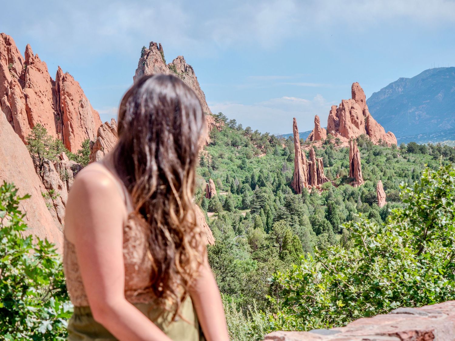 Person admiring the stunning red rock formations and green vegetation at Garden of the Gods in Colorado.