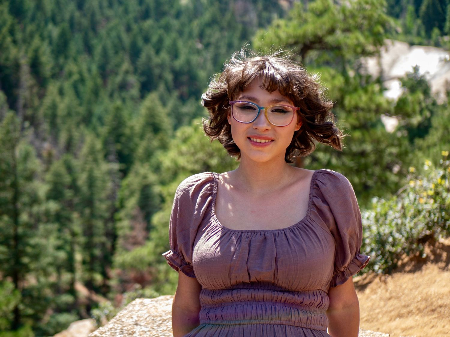 A person stands in a brown peasant dress on a hillside with evergreen trees in the background.