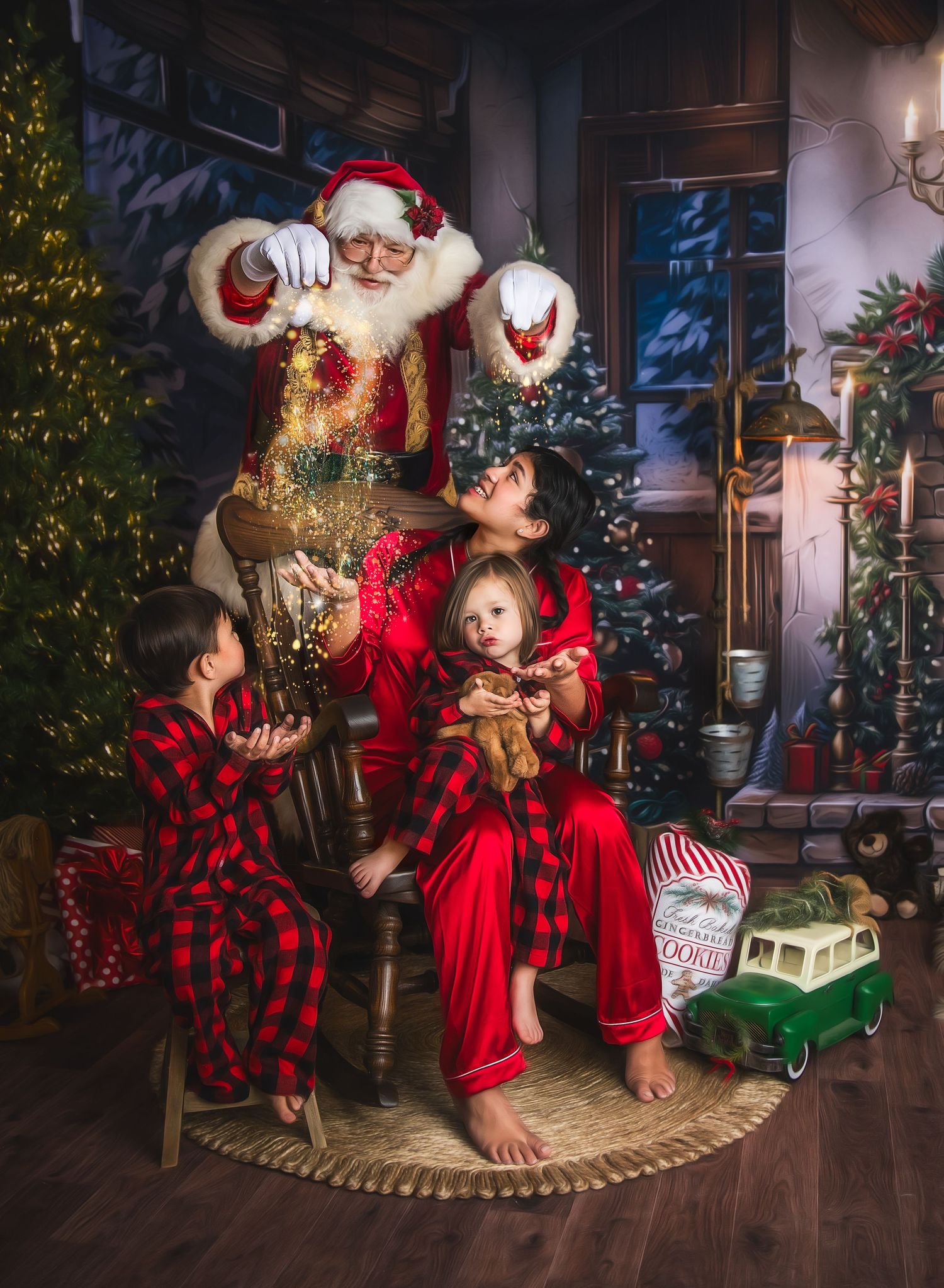 Holiday photoshoot with red and black buffalo plaid outfits and Christmas decorations.