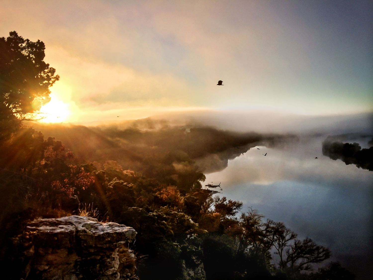 Misty mountain landscape at sunset with dramatic golden light filtering through clouds and trees.