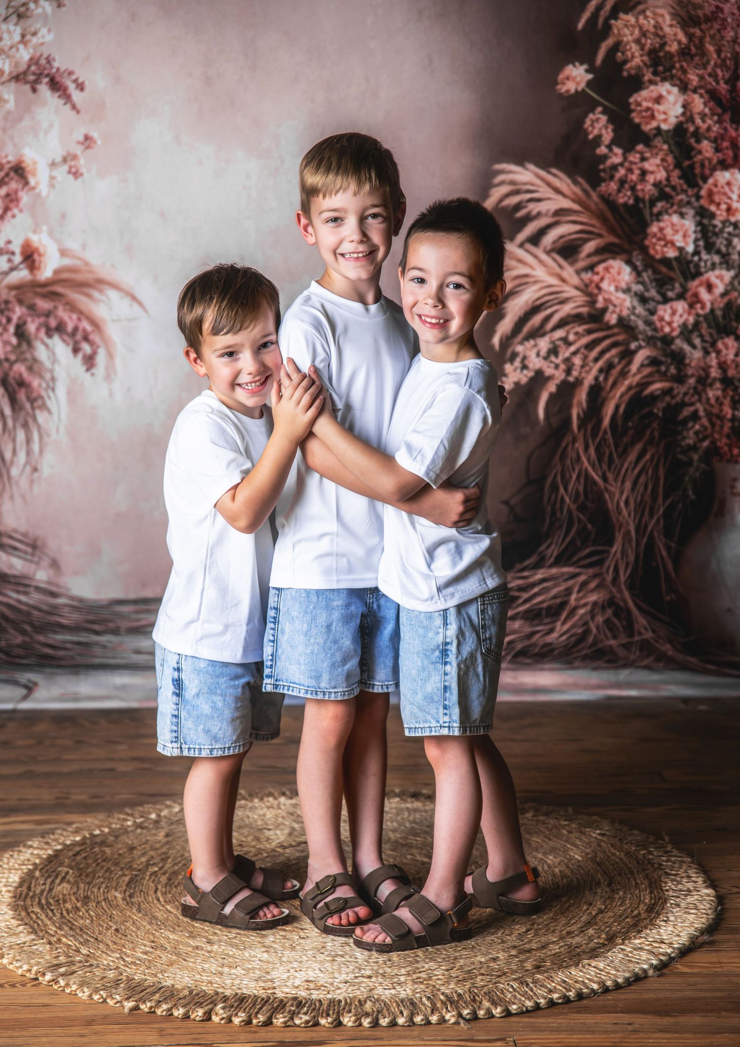 Children in white shirts and denim standing on a round woven rug in a studio.