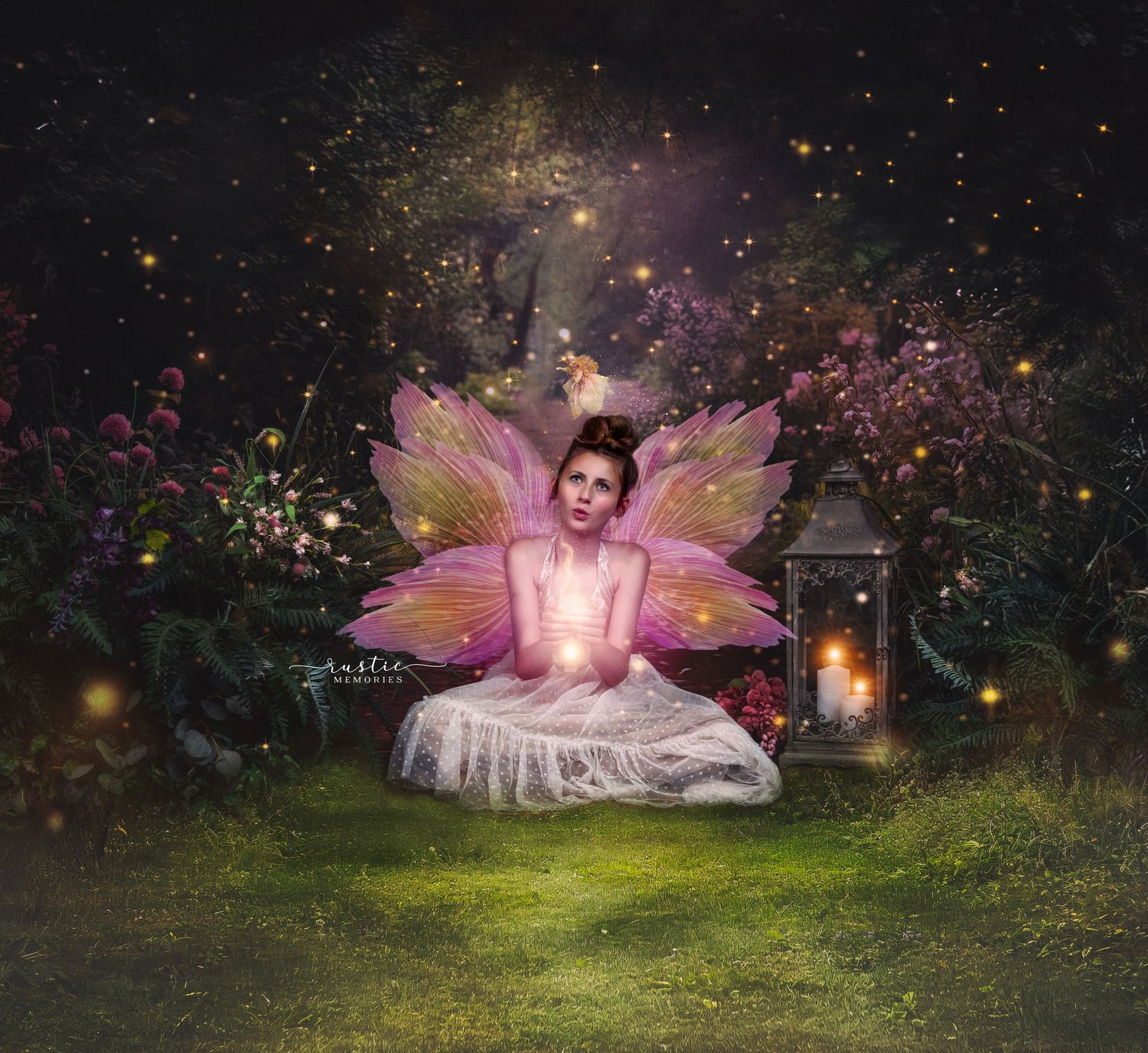 Dreamy garden photoshoot with magical lighting effects and ethereal atmosphere.