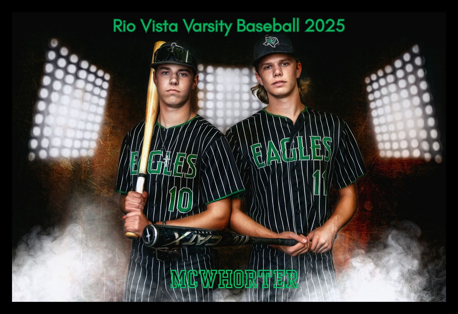Two baseball players in pinstripe uniforms pose with bats against dramatic stadium lighting and fog effects.