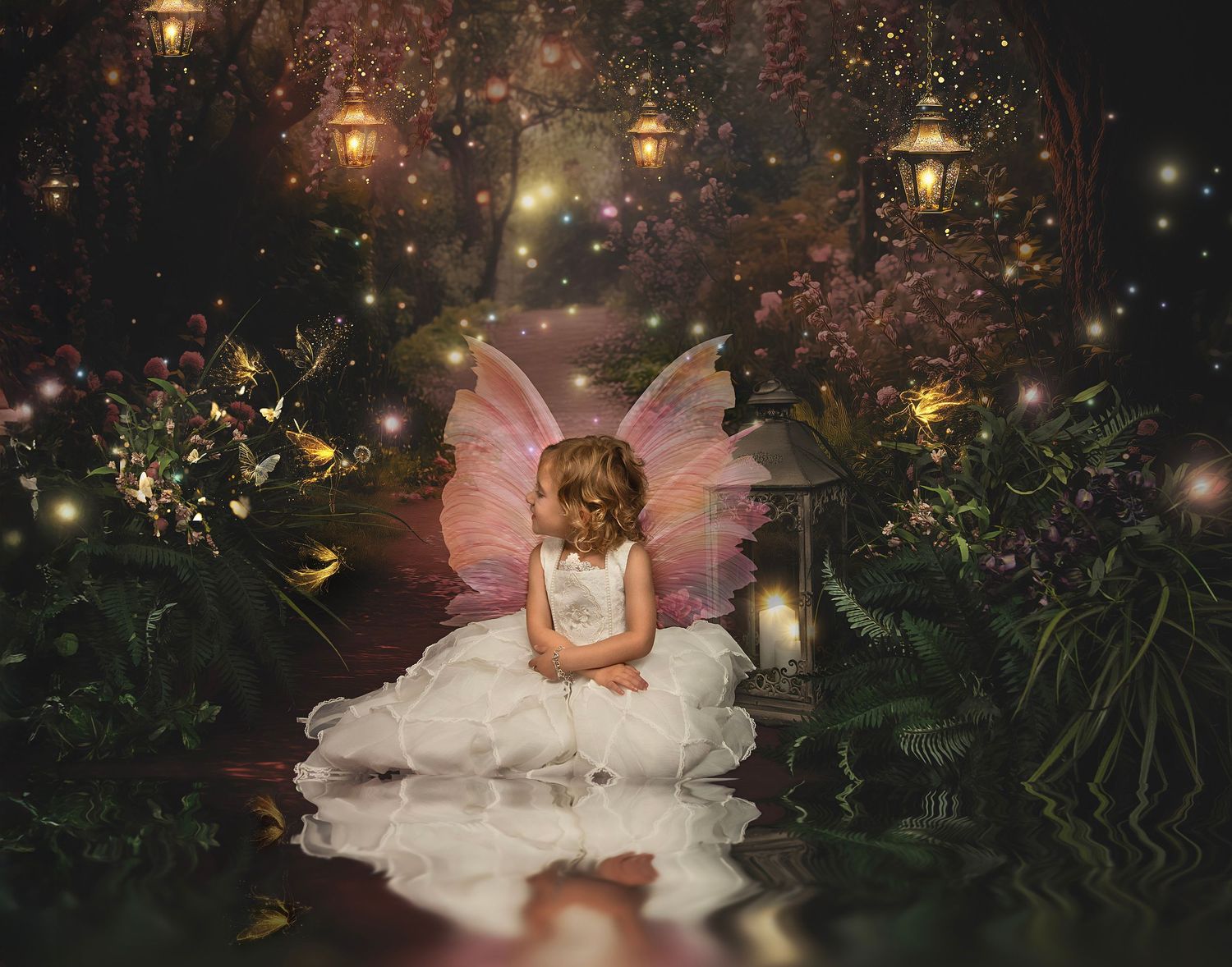 A magical fairy garden scene at night with glowing lanterns illuminating a figure in a white dress with pink wings.