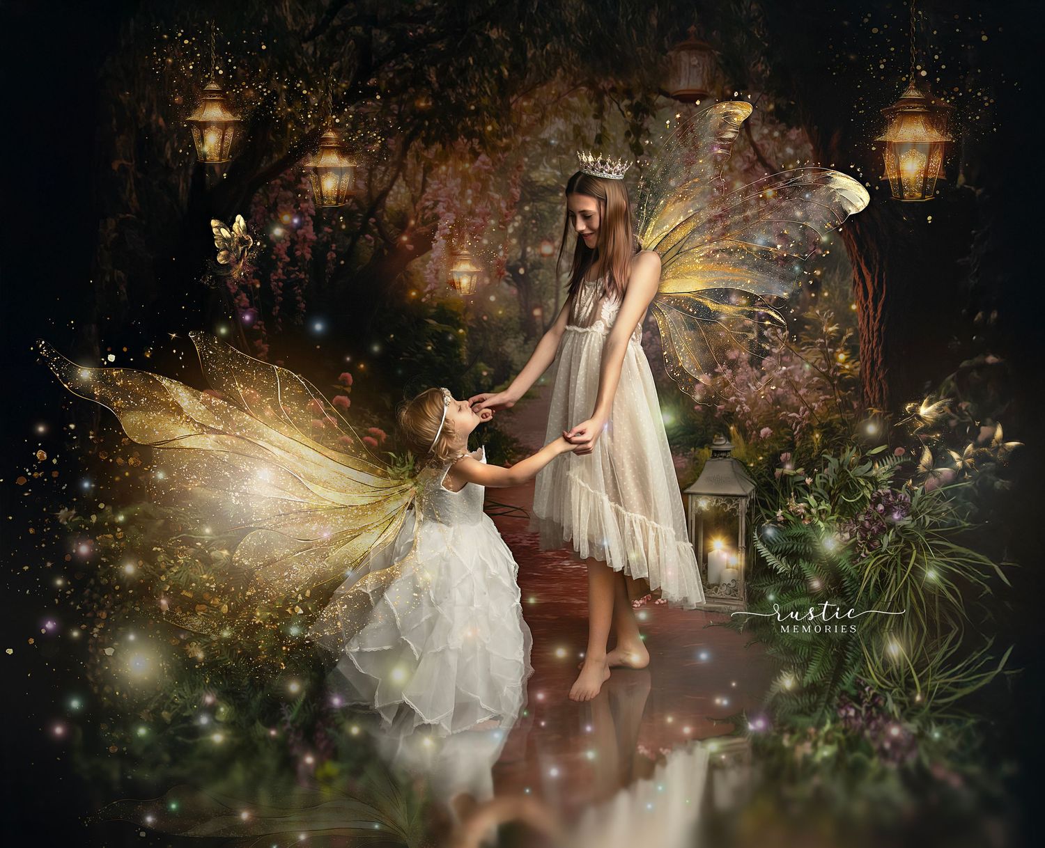 Enchanting forest photography session with glowing lanterns and magical fairy lights.