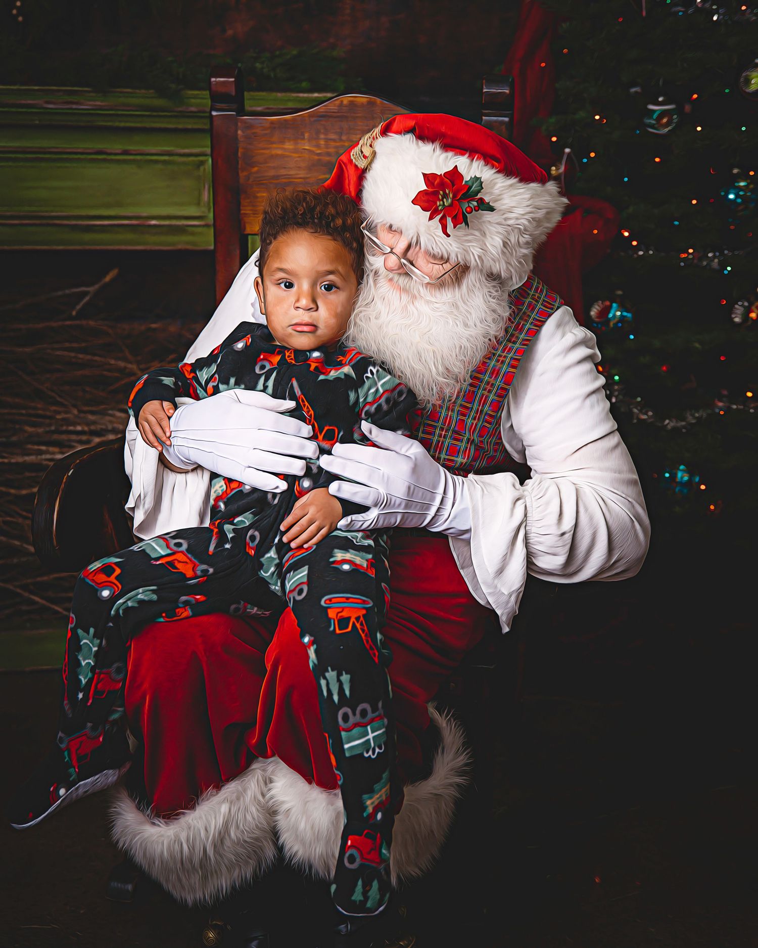 Santa Claus meeting with a young visitor in a festive Christmas setting with twinkling lights.