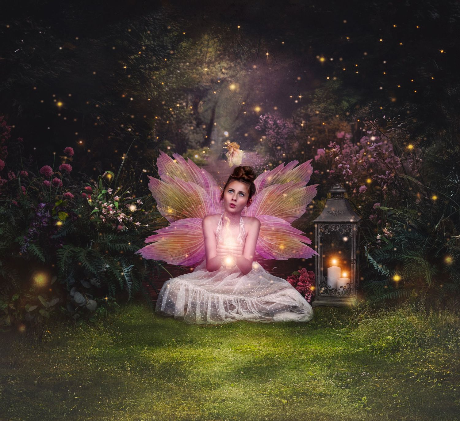 Ethereal fairy-themed portrait series with glowing lanterns and magical sparkles in an enchanted garden setting.