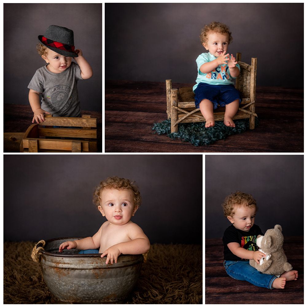 A collection of vintage-style baby portraits using wooden props and rustic metal tubs.