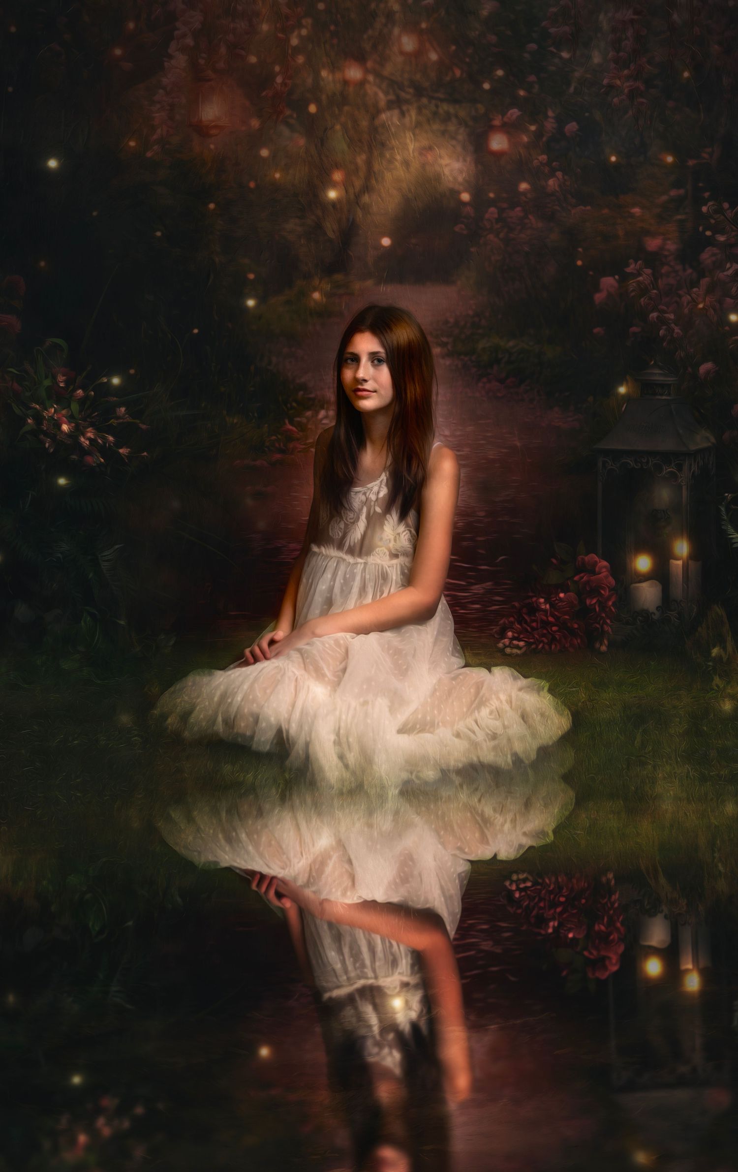 A dreamy forest scene with someone in a white dress surrounded by glowing lanterns and sparkles.