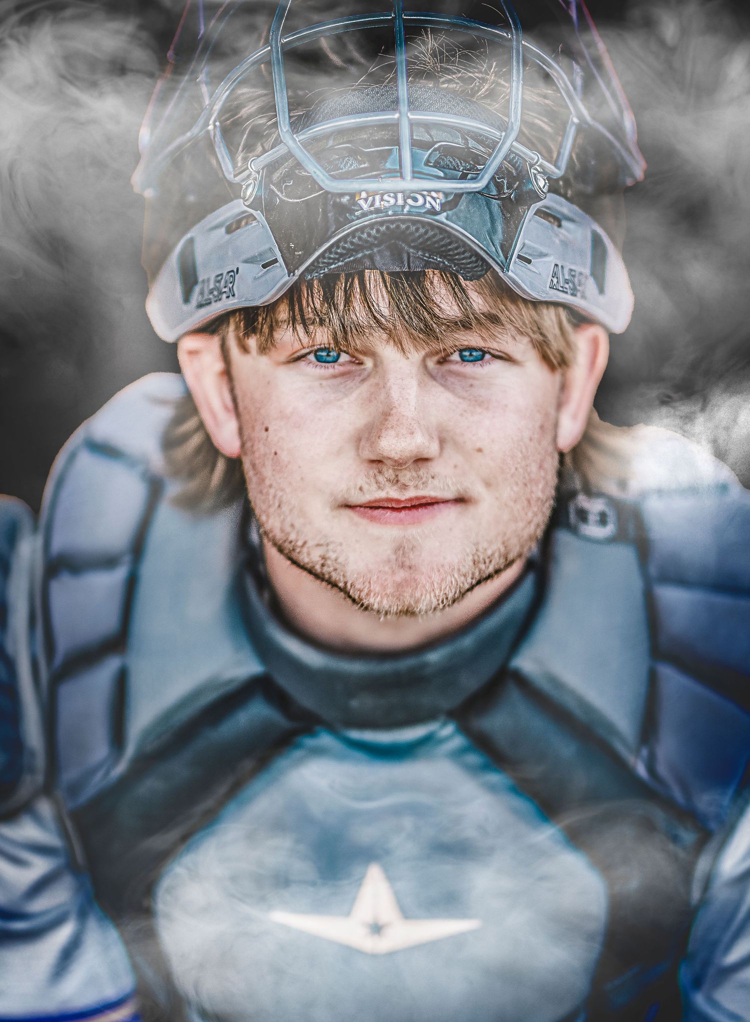 Athletic gear portrait with dramatic lighting and smoke effects in blue tones.