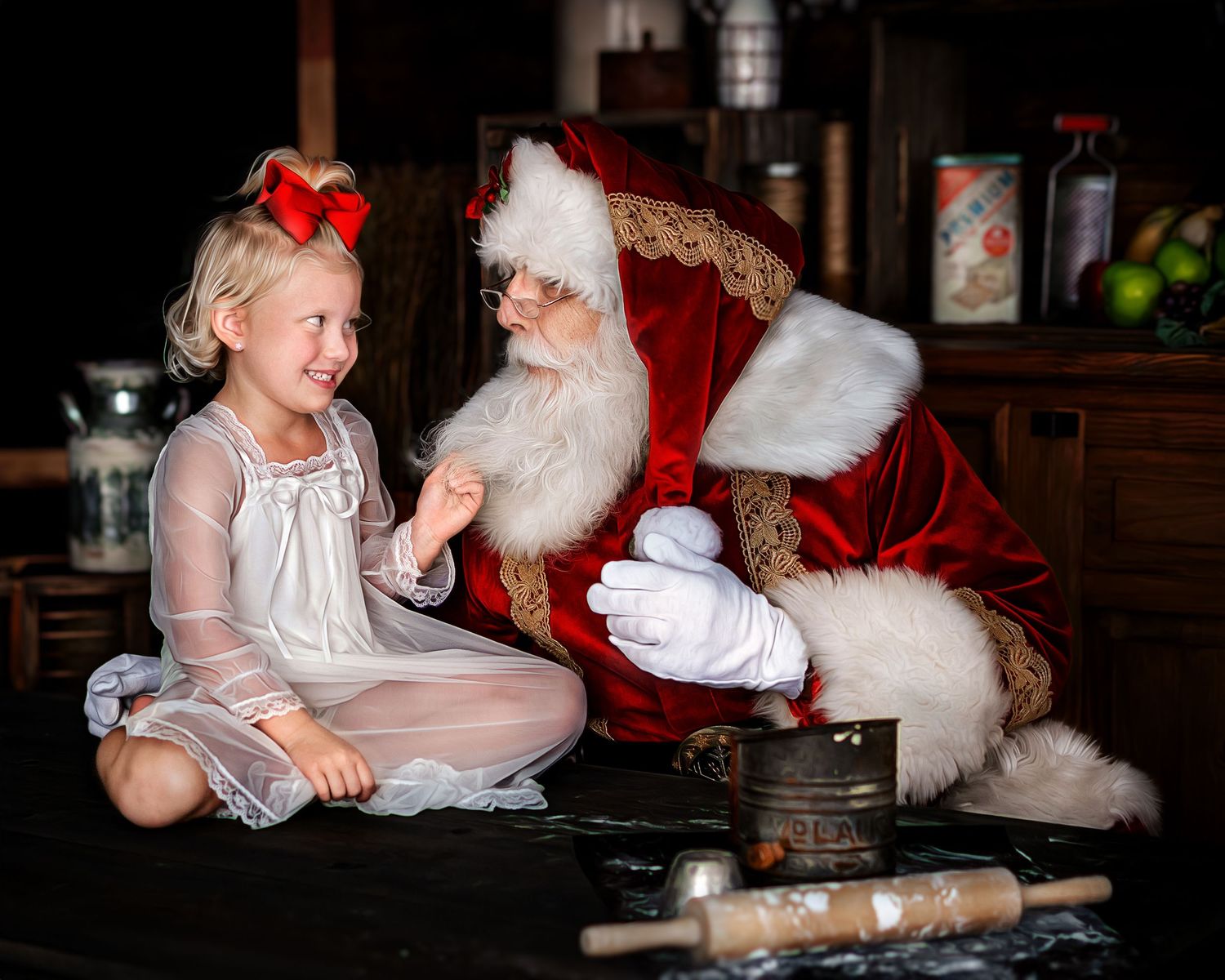 A magical Christmas scene with Santa Claus and baking cookies.