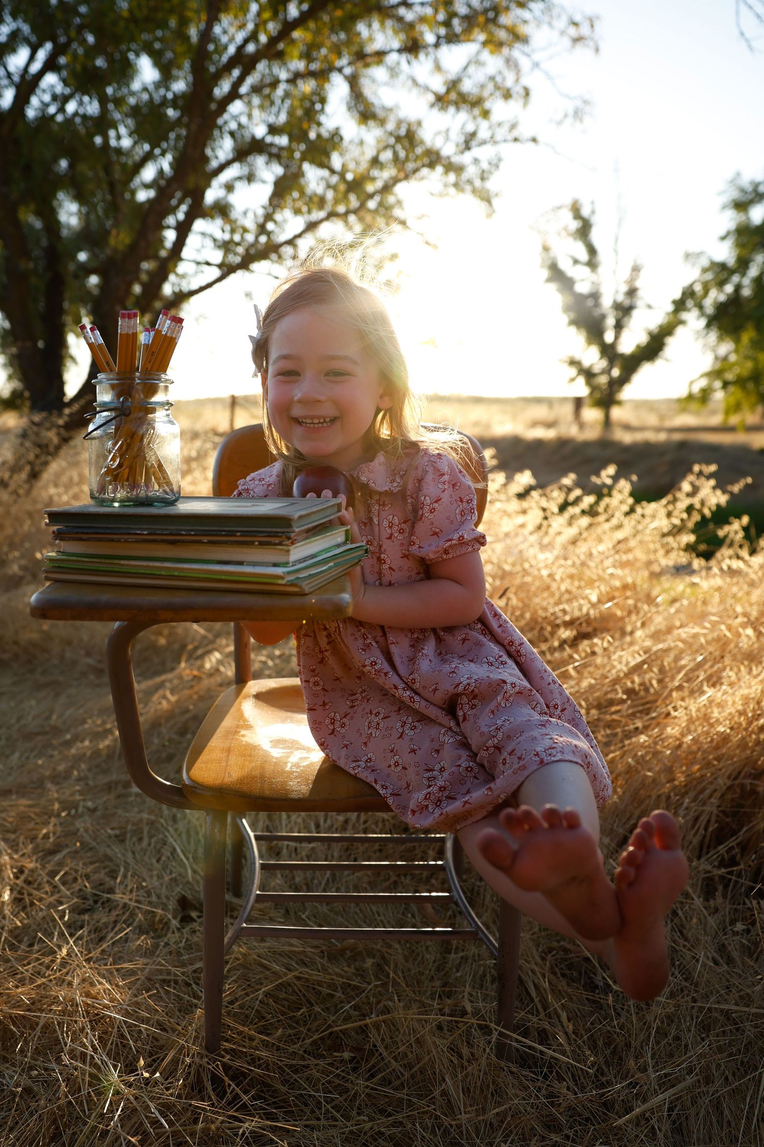 Child sits at wooden desk with stacked books against sunset-lit meadow background.