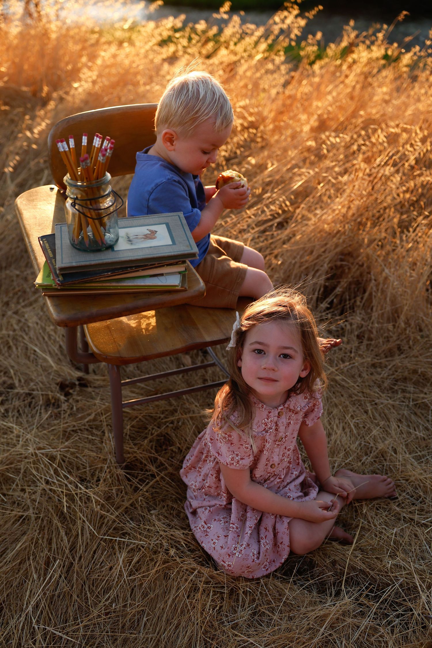 Children playing around antique furniture in a golden-lit field at dusk.