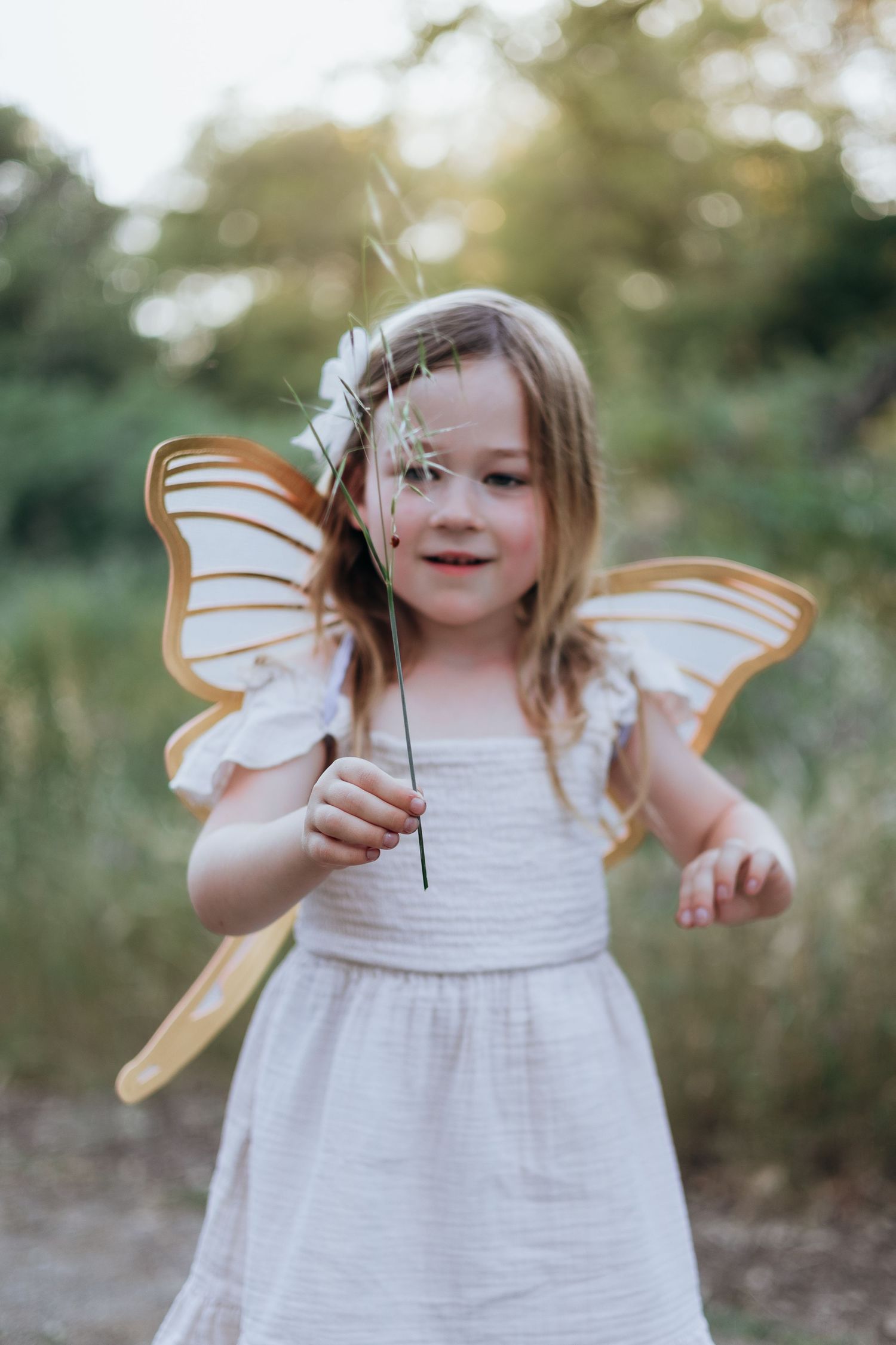 Young girl in white dress with golden fairy wings holds a wildflower stem outdoors in soft golden sunlight.