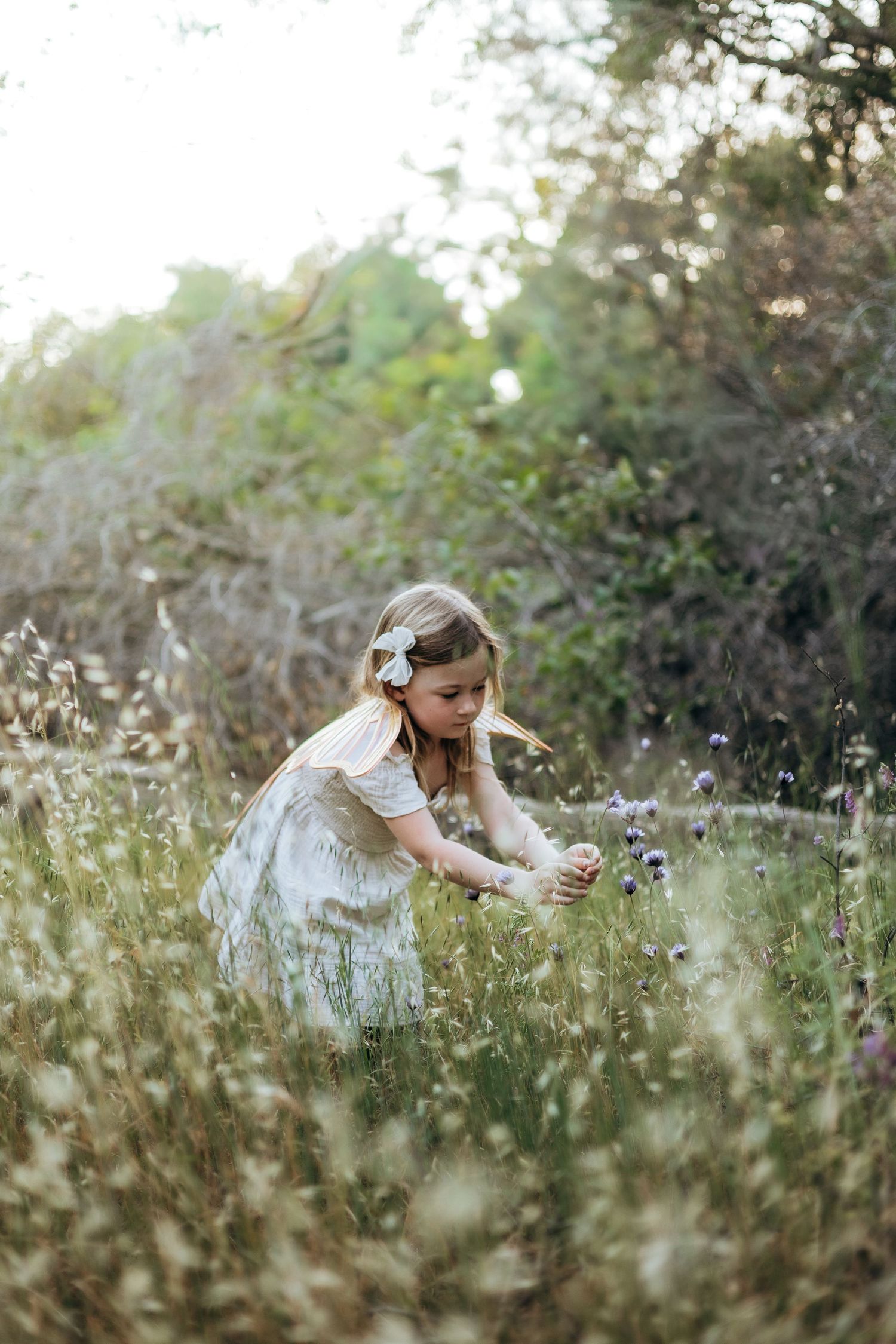 Young girl in white dress picking wildflowers in a sunlit meadow with trees in background.