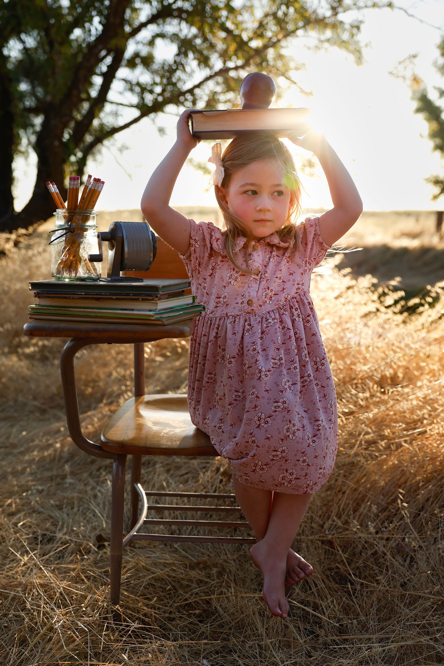 Child in pink dress sits on antique school desk surrounded by golden sunlit grass at sunset.