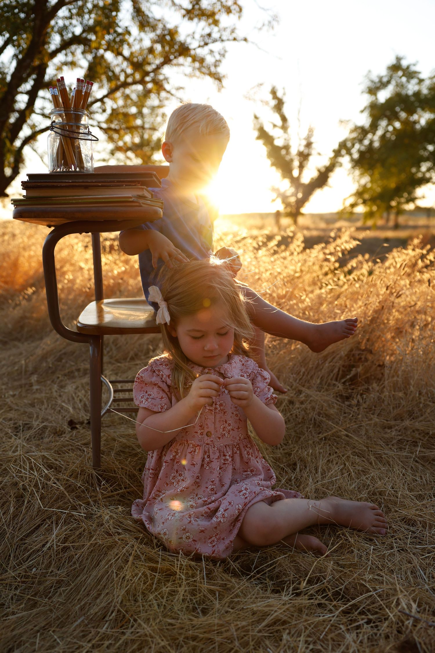 Child in pink dress interacts with vintage desk and books in sunlit meadow setting.