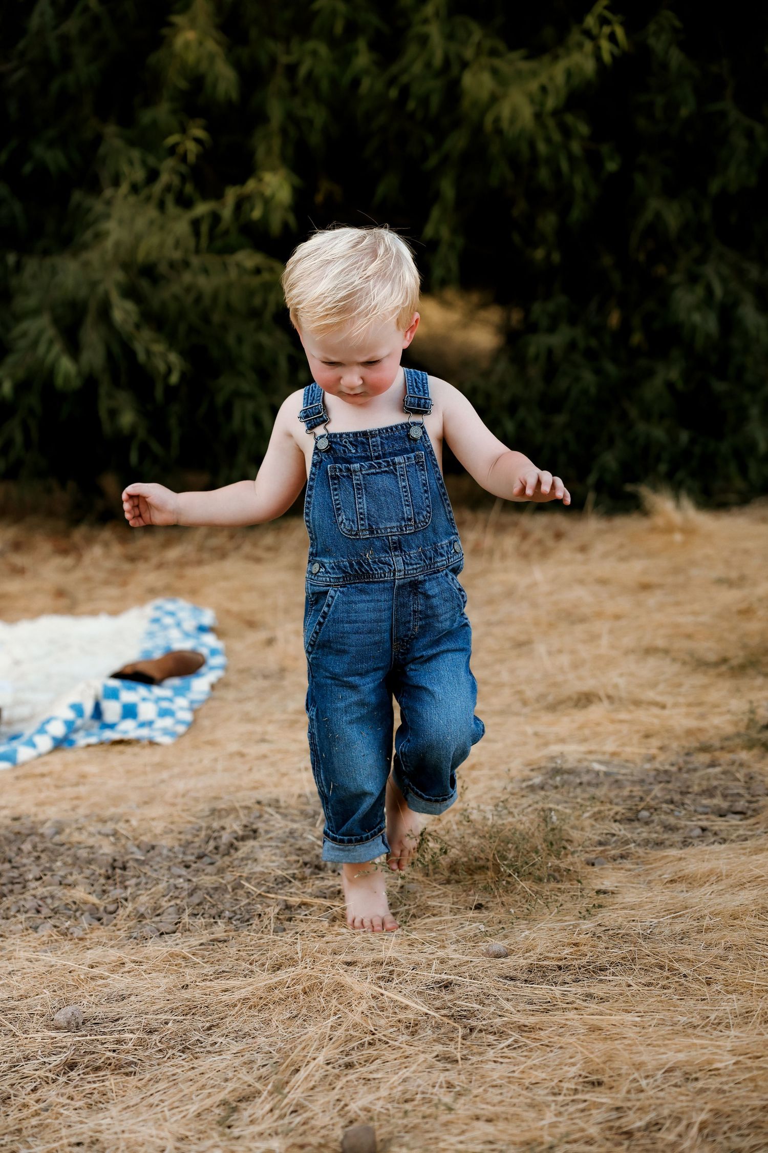 Small child in denim overalls plays in a grassy outdoor setting during golden hour.