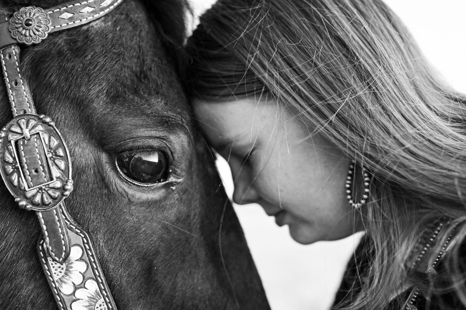 A close-up black and white photo showing a tender moment between a horse and person with their foreheads touching.