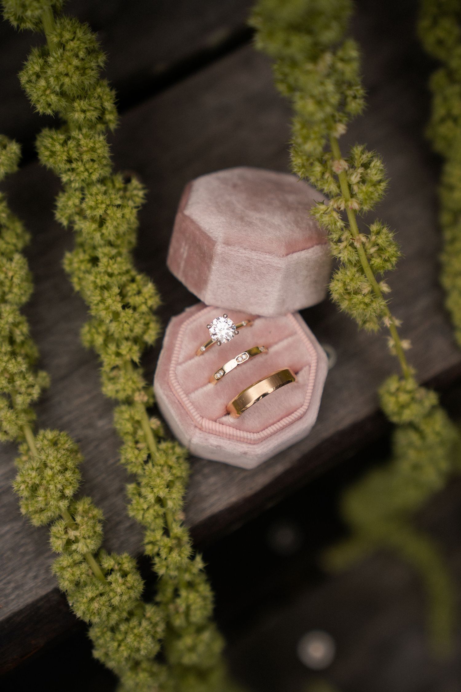 Gold engagement ring and wedding band in a pink velvet octagonal ring box surrounded by greenery.