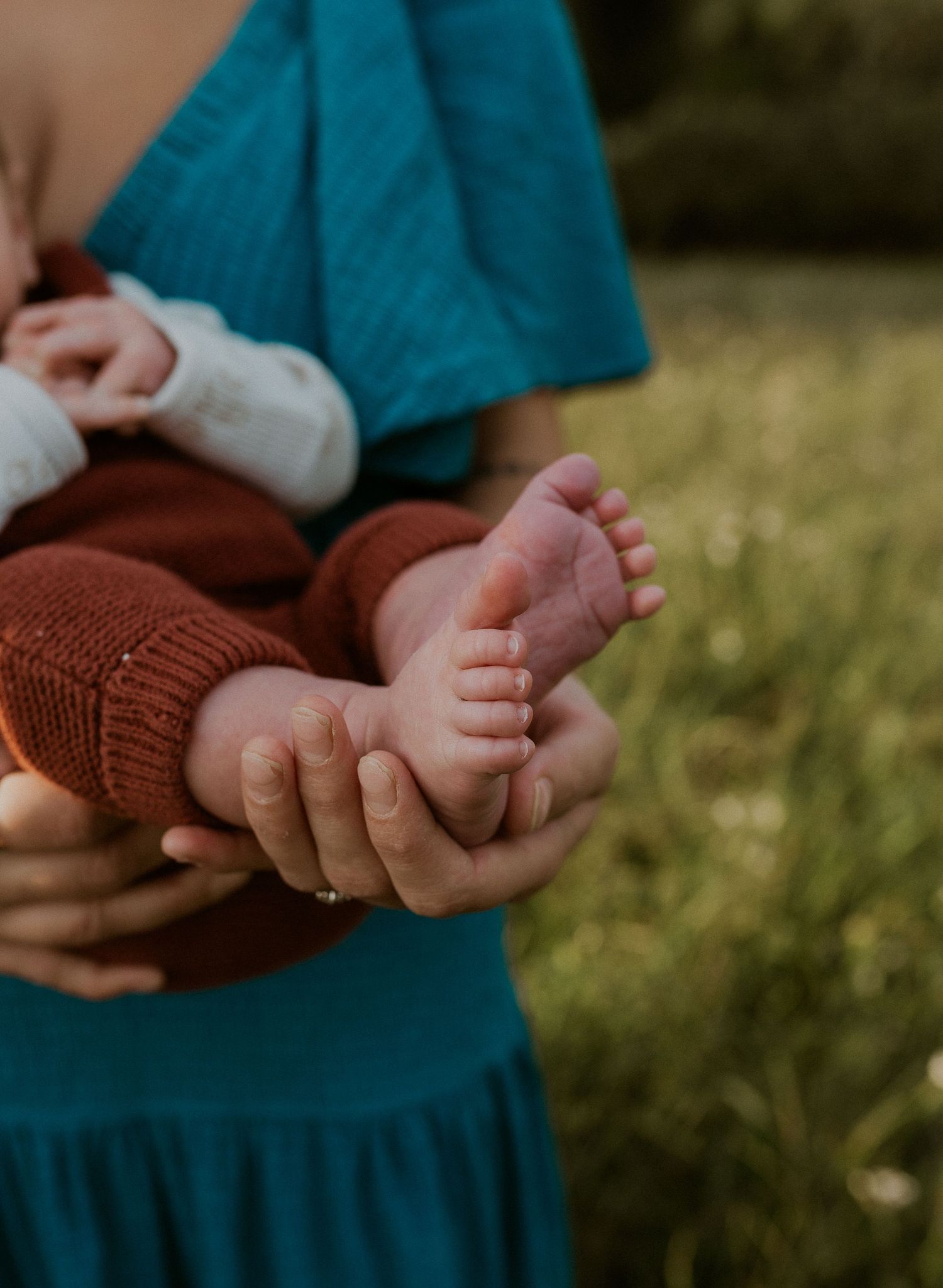 Close-up view of tiny baby feet being held gently in adult hands.