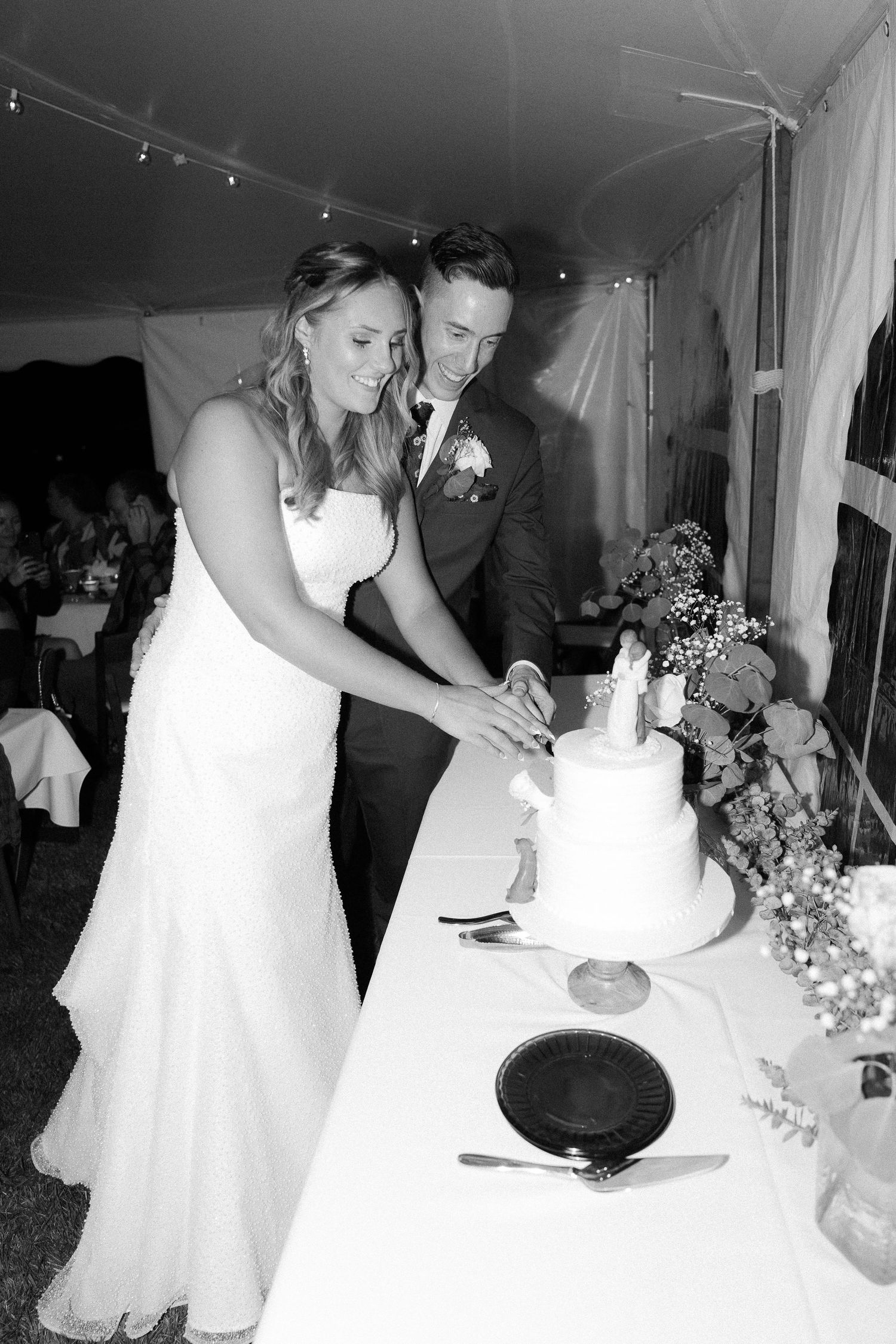 A couple performs their wedding cake cutting ceremony at their reception.