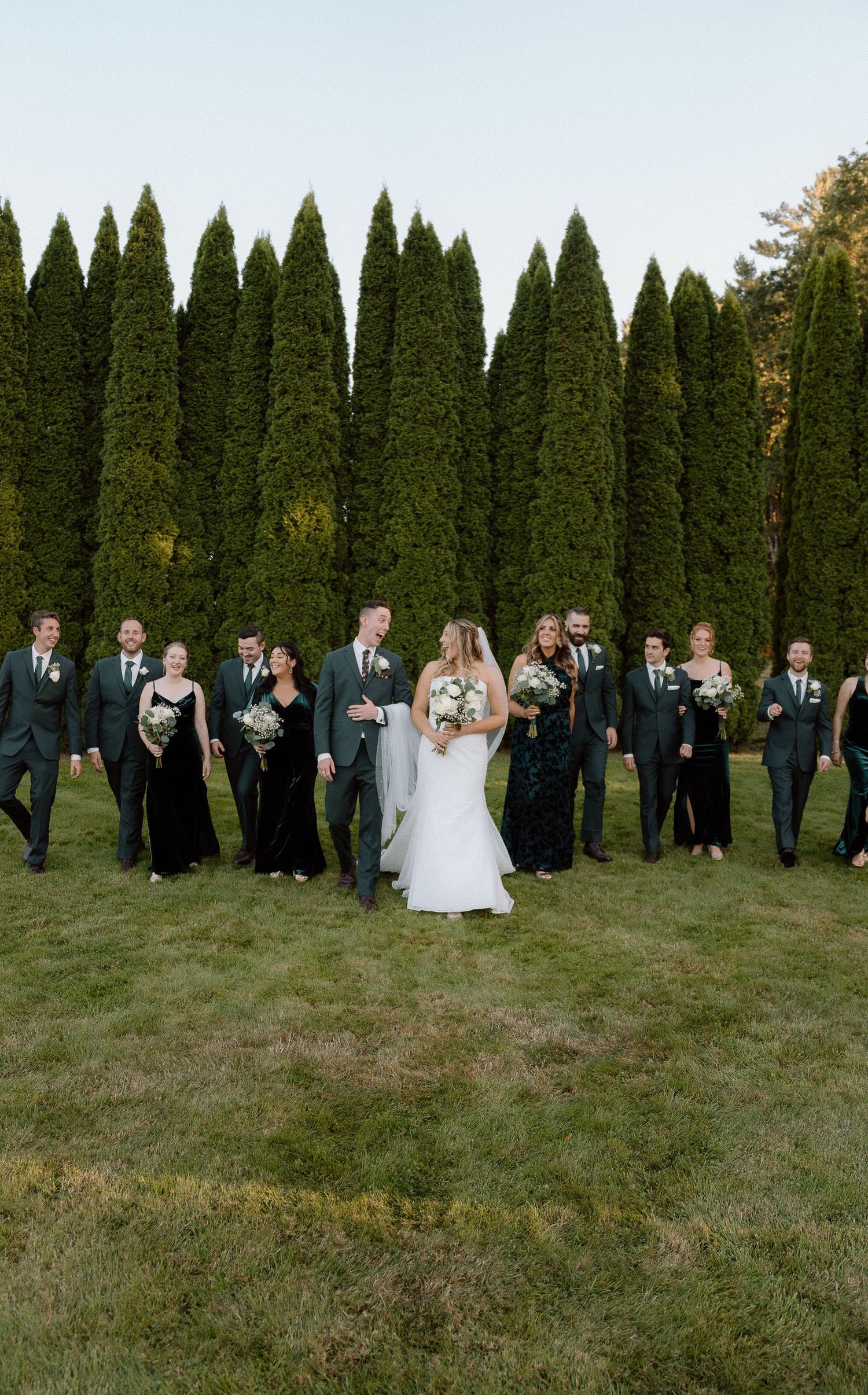 Wedding party in formal attire lined up against tall evergreen trees.
