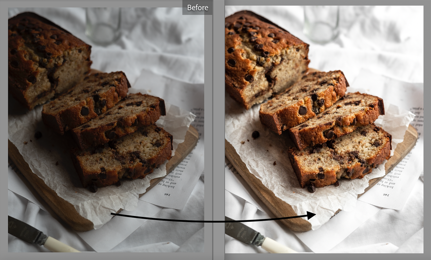 Side by side comparison of unedited and edited photos of sliced fruit bread on parchment paper.