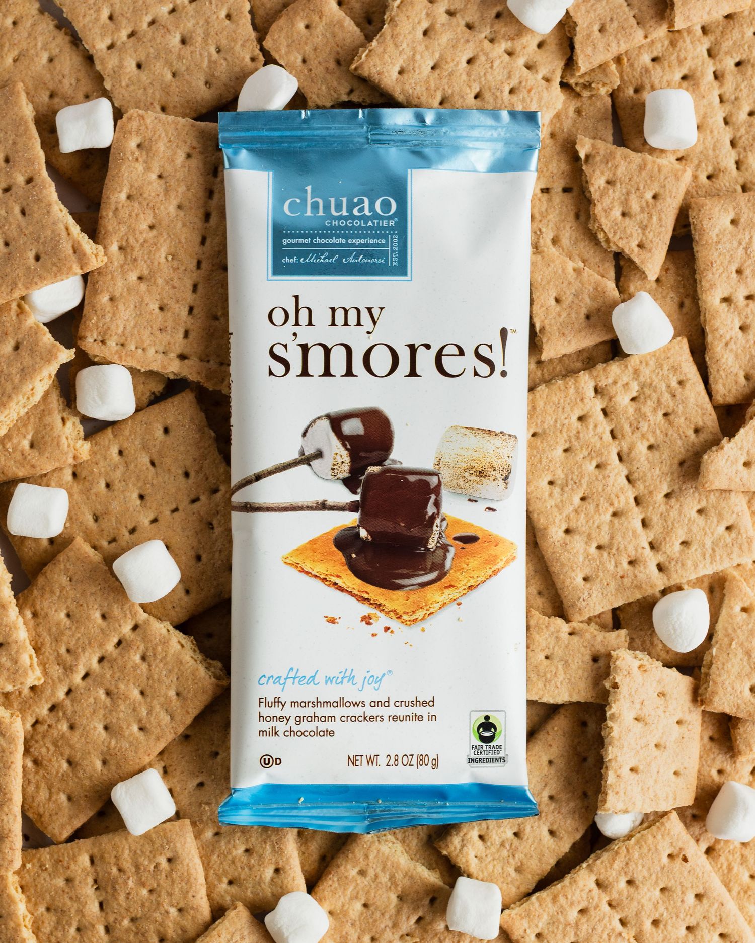 A collage of graham crackers, marshmallows and chocolate bars arranged with s'mores themed snack packaging.