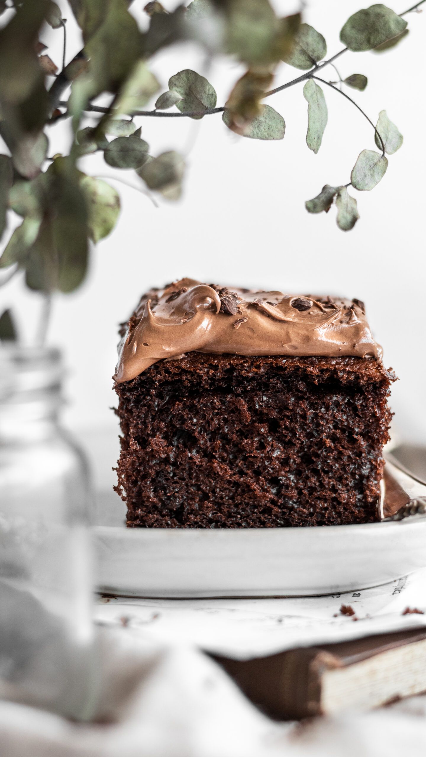 Slice of moist chocolate cake with fudge frosting under eucalyptus leaves.
